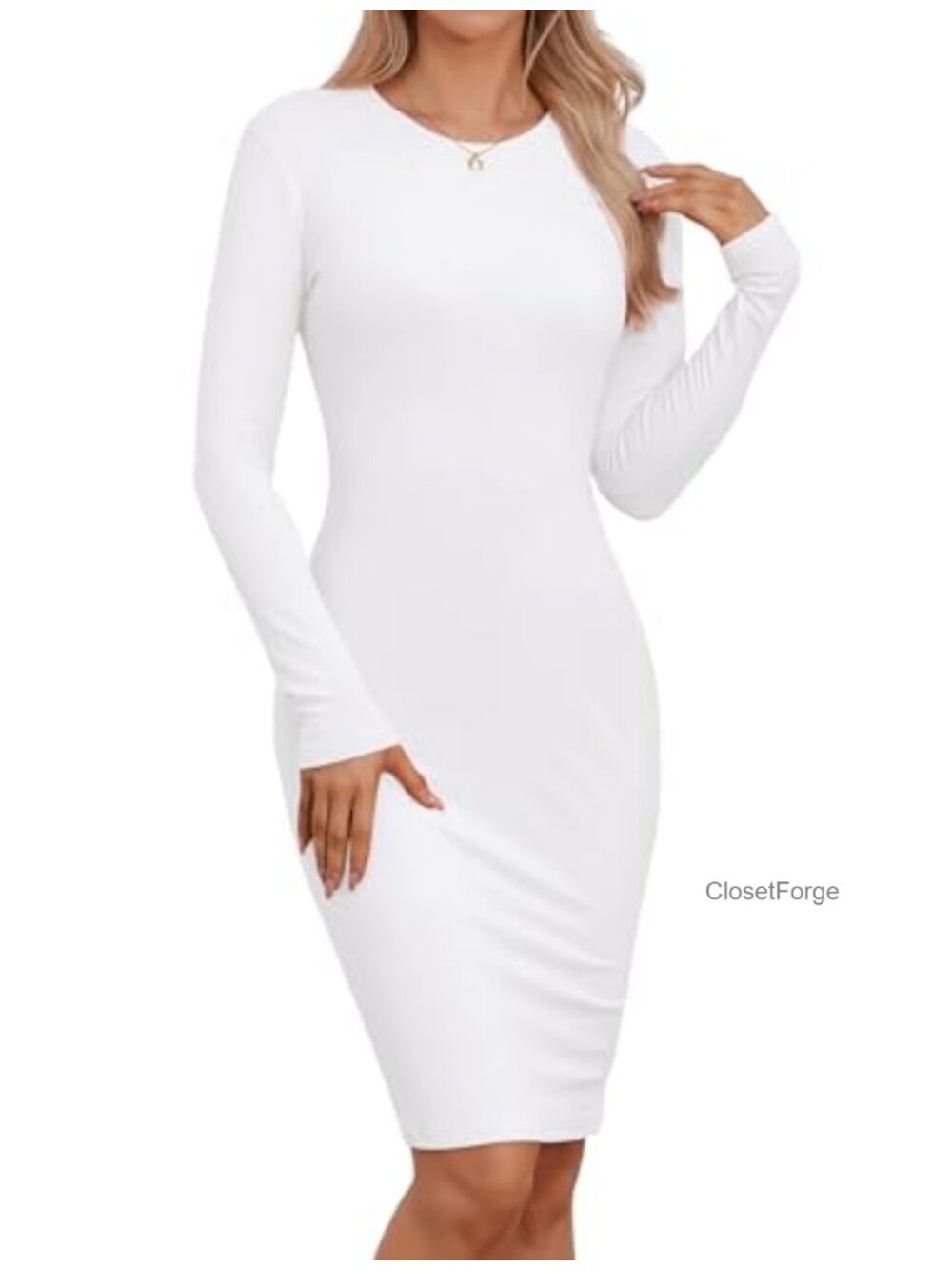 Bodycon Long Sleeve Fleece Dress Crew Neck Knee Length Slim Fit Women Casual